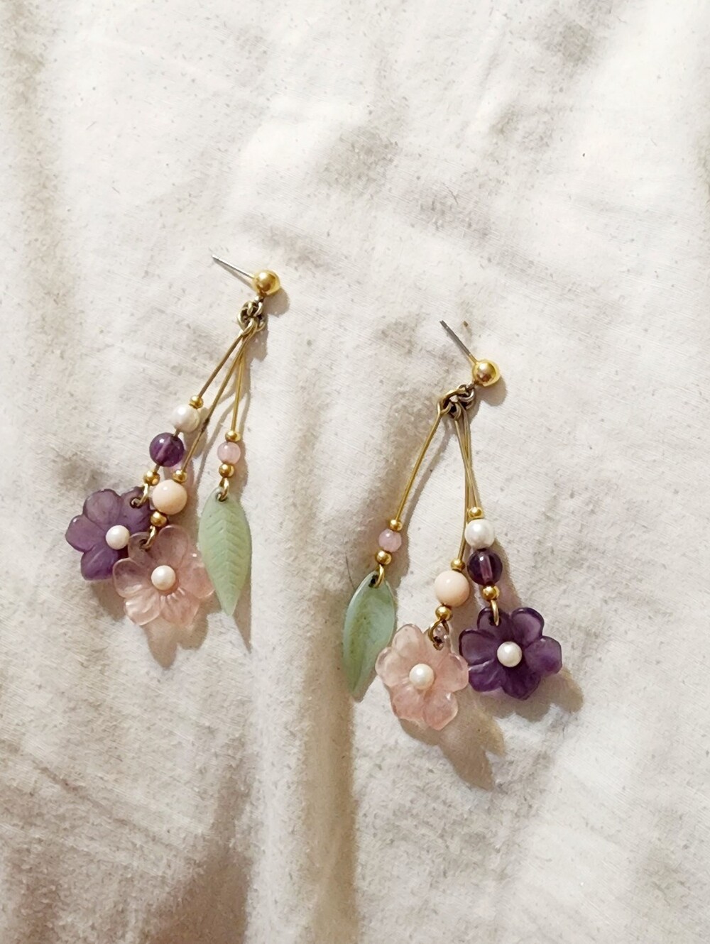 Avon Purple & Pink Floral Drop Earrings with Mint Leaf Accents